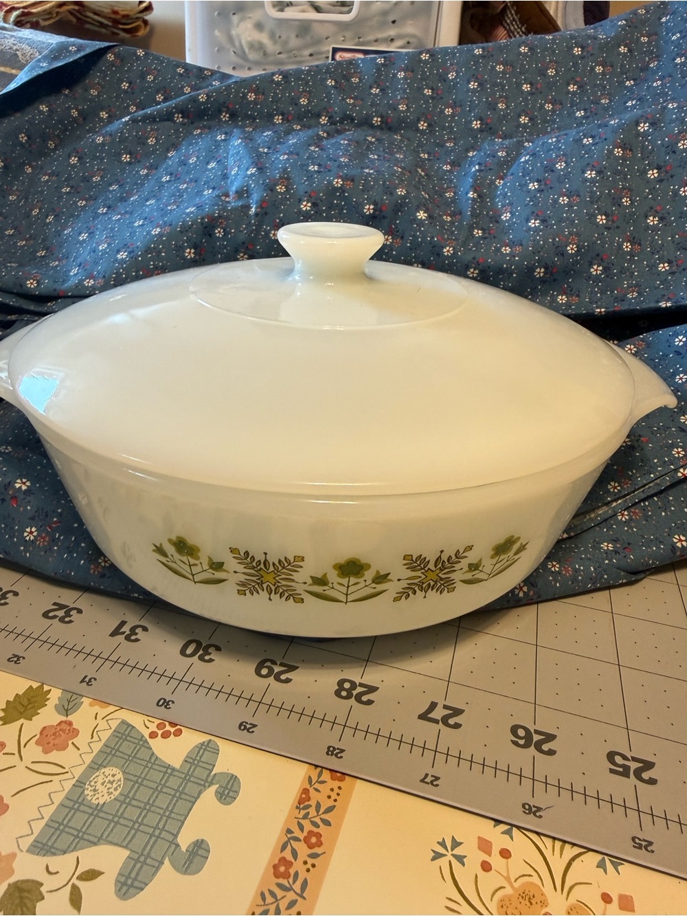 vintage Fire-King Meadow Green covered casserole dish.